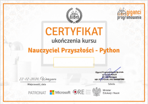 CERTYFIKAT - w warsztatach z języka programowania python
